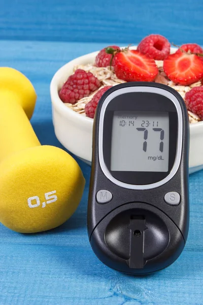 Şeker Ölçüm sonucu şeker seviyesi, yulaf ezmesi meyve ve halter, diyabet ve sağlıklı bir yaşam tarzı ile