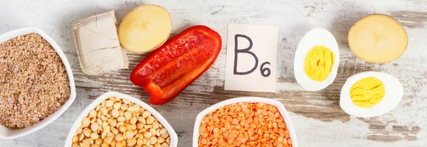Produkty a přísady obsahující vitamín B6 a vlákniny, zdravá výživa — Stock fotografie