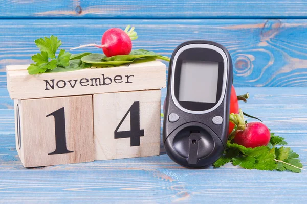 Datum van 14 November, glucometer voor suikerniveau en groenten, wereld diabetes dag controle en de bestrijding van de ziekte concept — Stockfoto