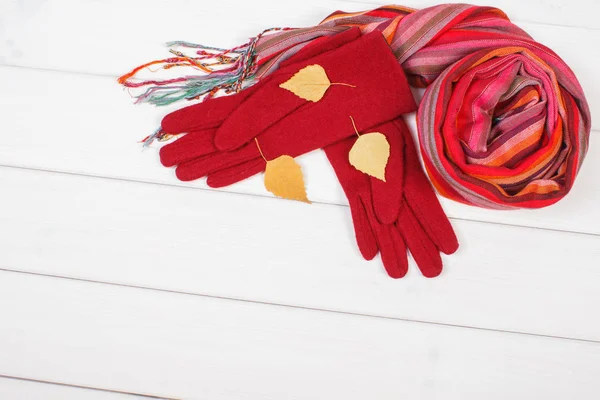手袋、ショール ホワイト ボード、秋または冬の服女性のコピーのテキストのためのスペース — ストック写真