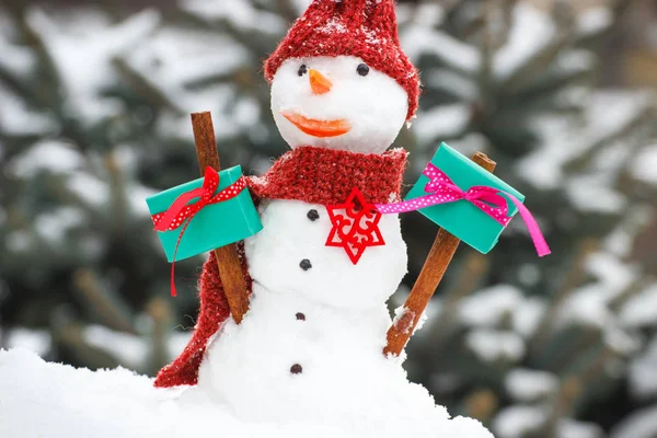 Inredda snögubbe med gåva till jul eller Valentine på bakgrund av barrträd — Stockfoto
