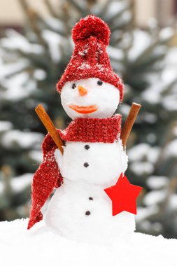 Kardan adam yün atkı ve iğne yapraklı ağaç arka plan üzerinde kap ile dekore edilmiş