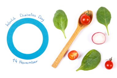 Dünya Diyabet Günü ve beyaz arka plan üzerinde taze sebze sembolü