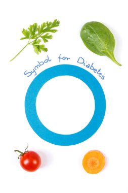 Diyabet ve sebze, sağlıklı beslenme kavramı mücadele sembolü olarak mavi daire