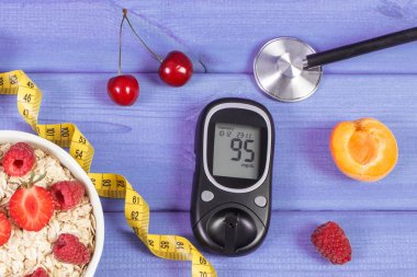 Şeker seviyesi, yulaf ezmesi meyve ve şerit metre, diyabet ve sağlıklı yaşam kontrol etmek için şekeri ölçüm cihazı