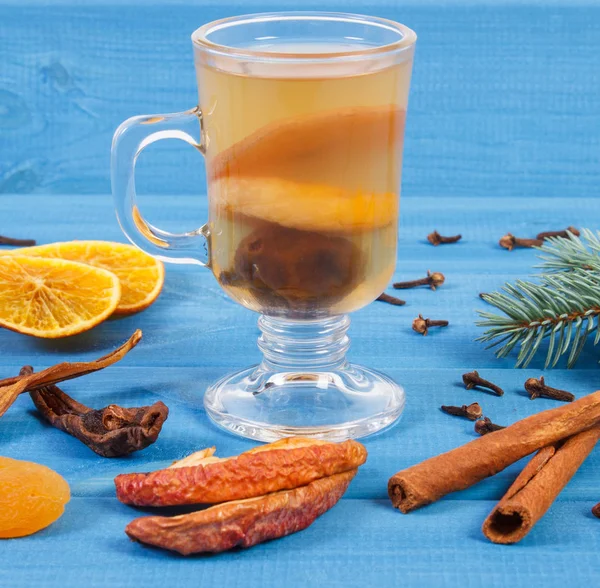 Spruce branches and traditional compote of dried fruits for Christmas — Stock Photo, Image