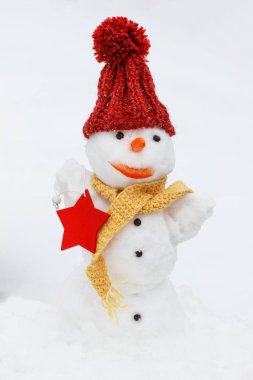 Yün, İpek eşarp ve kapağı arka plan beyaz kar kardan adam