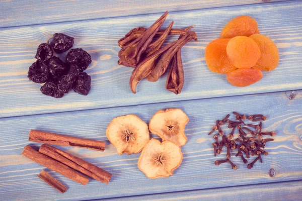 Vintage photo, Ingredients and spices for preparing compote of dried fruits — Stock Photo, Image