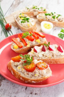 Sandviç ya da baget uskumru veya ton balığı ile yapıştırın tabağında, sağlıklı beslenme kavramı