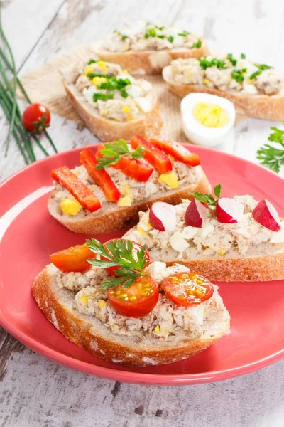 Sandviç ya da baget uskumru veya ton balığı ile yapıştırın tabağında, sağlıklı beslenme kavramı