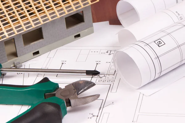 Elritningar, arbetsredskap, tillbehör för engineering och hus under konstruktion, bygga hem concept — Stockfoto