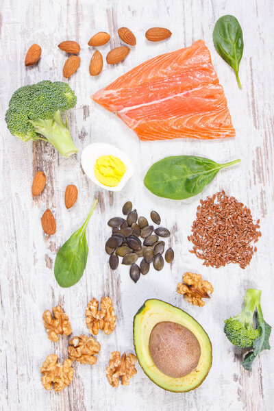 Fresh healthy food containing omega 3 acids, natural minerals and dietary fiber, acid diet concept