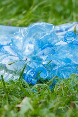 Şişe maden suyu Park, çimlerin üzerine çevre çöp