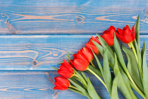 Bouquet of fresh tulips on blue boards, copy space for text — Stock Photo, Image