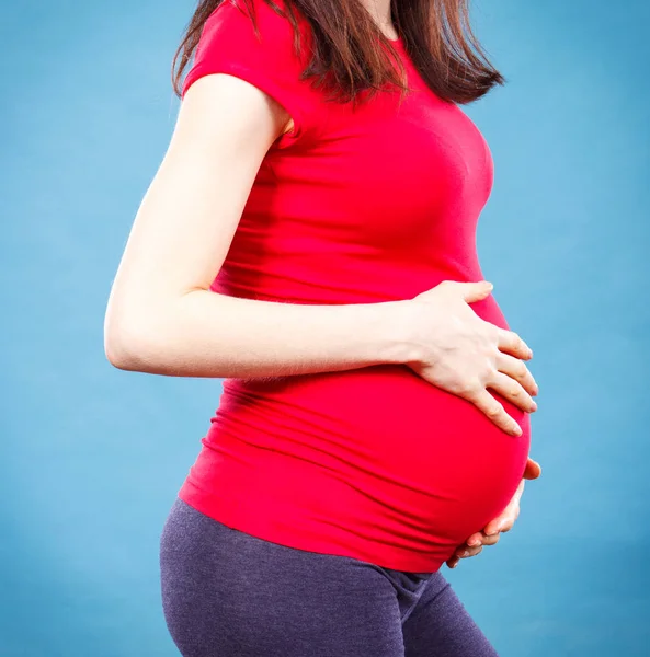 Vrouw in zwanger raken van haar buik, familie uit te breiden en verwacht voor pasgeboren concept — Stockfoto