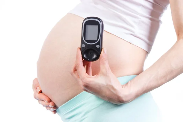 Mujer embarazada con glucómetro, diabetes durante el embarazo —  Fotos de Stock