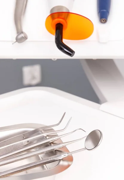 Set of dental tools and instruments used by dentists in stomatology office — Stock Photo, Image