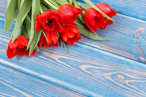 Bouquet of fresh tulips on blue boards, copy space for text — Stock Photo, Image