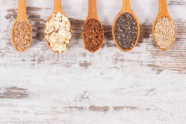 Gıda içeren doğal vitaminler ve diyet lifi, sağlıklı beslenme kavramı, metin için yer kopyalayın