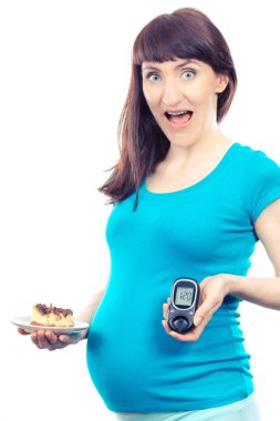 Şok hamile kadında Şeker Ölçüm ve parçası cheesecake ile şeker hastalığı ve şeker seviyesi gebelikte