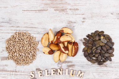 Ürün ve selenyum, mineraller ve diyet lif, sağlıklı beslenme kavramı içeren maddeler