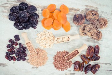 Vintage Fotoğraf, doğal vitaminler ve diyet lifi, sağlıklı beslenme kavramı içeren gıda