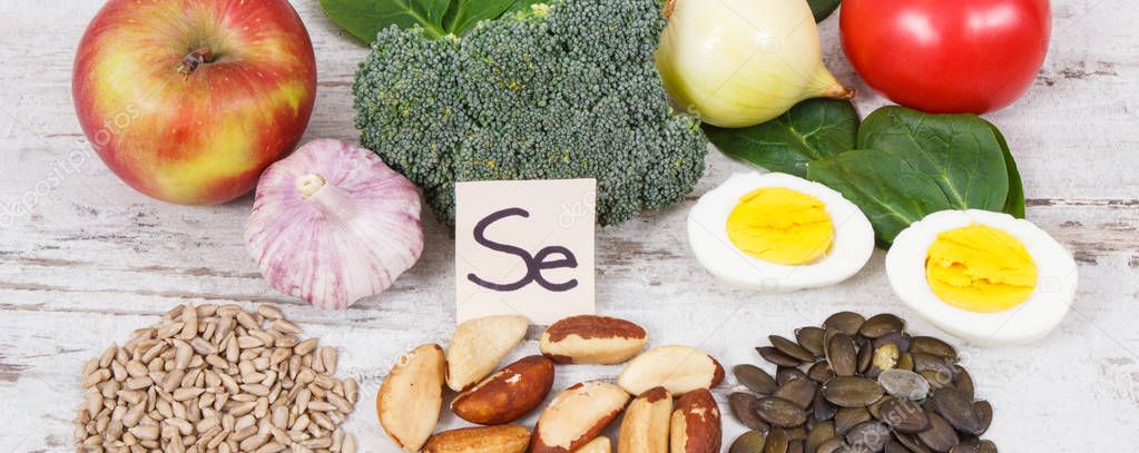 Food containing selenium, vitamins and dietary fiber, healthy nutrition concept