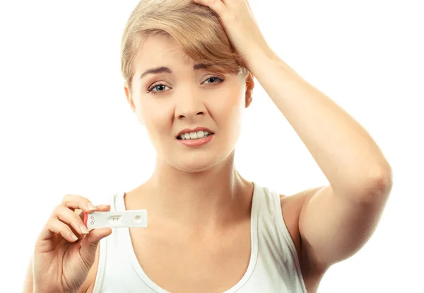 Ongelukkig en bezorgd vrouw weergegeven: zwangerschapstest met positief resultaat, ongewenste zwangerschap concept — Stockfoto