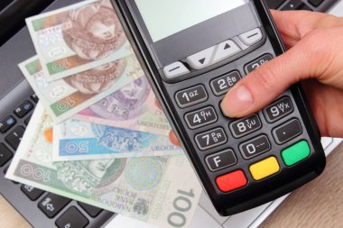 Ödeme terminalini kullanan ve para birimini laptopta cilalayan bir kadın.