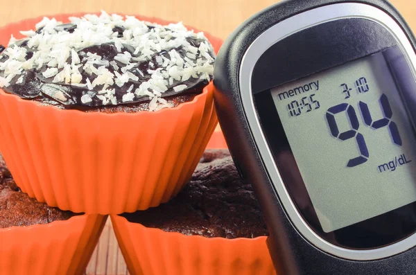 Glucose meter with sugar level and fresh baked chocolate muffins. Delicious dessert for diabetics