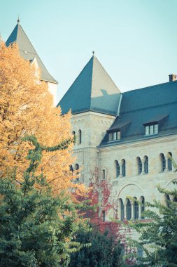 Poznan, Polonya - 12 Ekim 2018: İmparatorluk Şatosu ve Merkez Kültür Zamek, Polonya 'nın Poznan kentinde sonbaharda. Vintage fotoğraf