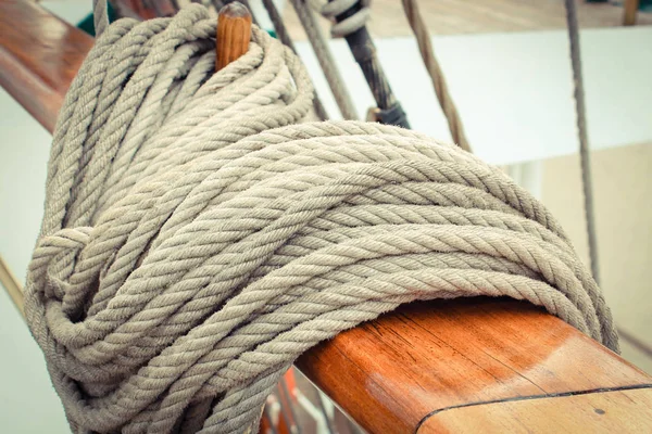 Thick ropes on sailboat. Part of yacht concept — Stock Photo, Image
