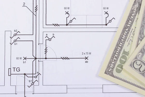 Valutor dollar på byggritning av huset. Bygga hem kostnader — Stockfoto