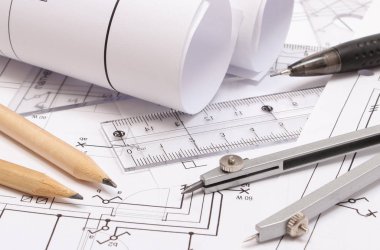Çizim için yuvarlanmış elektrik şemaları ve aksesuarlar. Mühendislik işleri konsepti