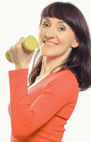 Frau mit Hanteln auf weißem Hintergrund. Gesunde Fitness — Stockfoto