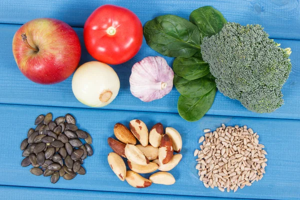 Produkte und Inhaltsstoffe, die Selen und Ballaststoffe enthalten, gesunde Ernährung — Stockfoto