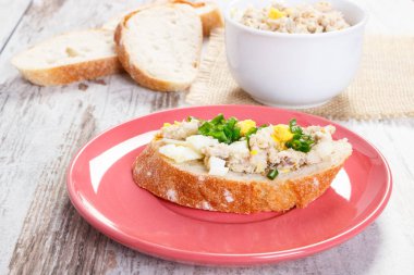 Ev yapımı hamur uskumru veya ton balığı, yumurta ve Frenk soğanı huysuz baget dilim