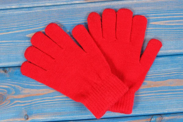 Red Woolen Gloves Woman Blue Boards Warm Clothing Autumn Winter — Stock Photo, Image