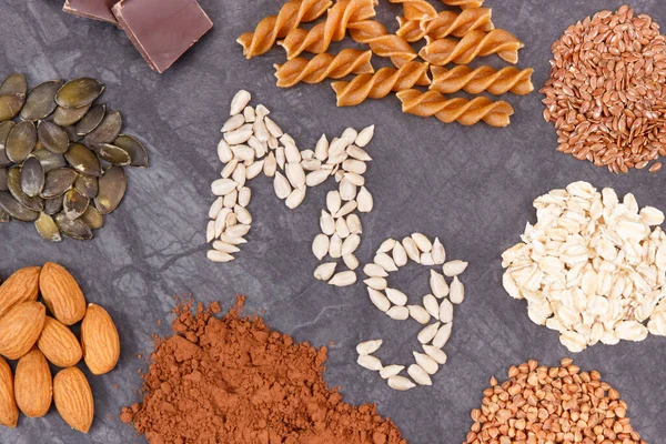 Beschriftung Und Nahrhaftes Essen Mit Magnesium Gesunde Ernährung Als Quelle — Stockfoto