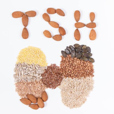 Yazıt TSH ve tiroid şekli doğal malzemelerden yapılmış. Vitamin ve mineral içeren sağlıklı tiroit için en iyi besin. Beyaz arkaplan