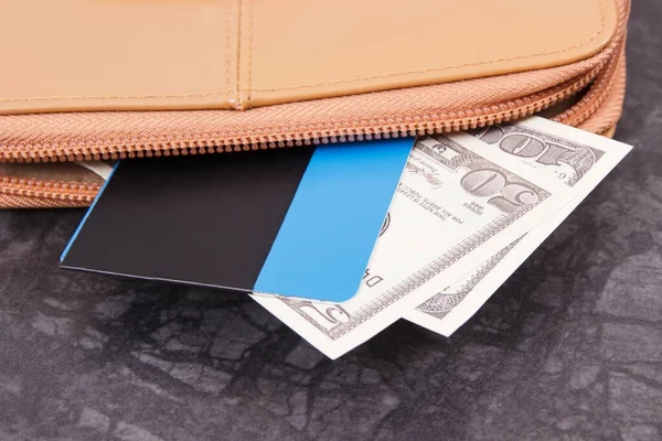 クレジットカードと革財布や財布 銀行の概念 — ストック写真