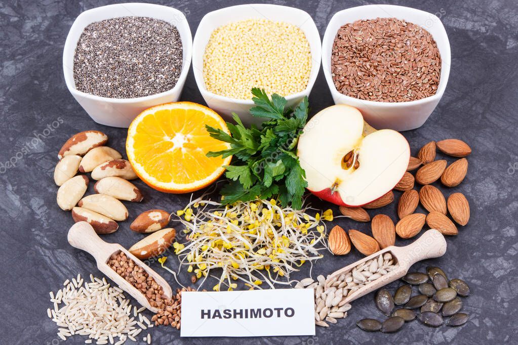 Inscription hashimoto with nutritious natural products and ingredients containing vitamins for healthy thyroid