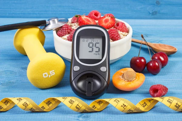Glucose Meter Fresh Oat Flakes Fruits Tape Measure Dumbbells Fitness — Stock Photo, Image