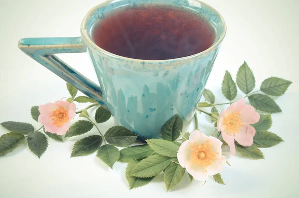 Vintage Foto Tasse Heißen Tee Mit Wildrose Und Blühenden Blumen — Stockfoto