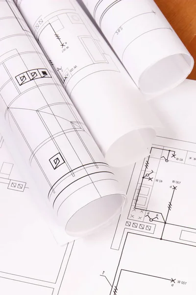 Rotoli Diagrammi Disegni Costruzione Elettrica Lavori Ingegnere Concetto Tecnologia — Foto Stock