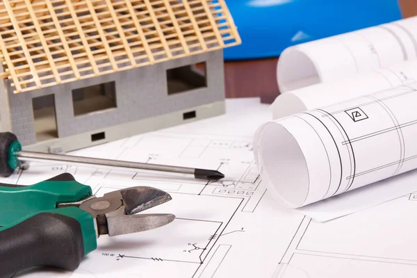 Desenhos Elétricos Diagramas Ferramentas Trabalho Acessórios Para Trabalhos Engenharia Casa — Fotografia de Stock