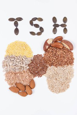 Yazıt TSH ve tiroid şeklinde besleyici doğal bileşenler. Sağlıklı yiyecekler, kaynak vitamin ve mineral olarak kullanılır. Tiroit kavramı ile ilgili sorunlar