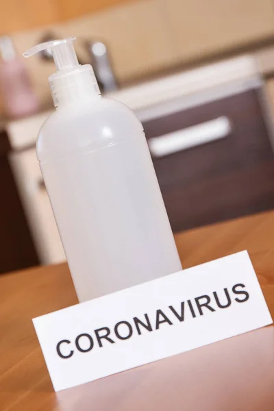 Disinfectant liquid with alcohol in bottle. Disinfection hands and stop spreading outbreak coronavirus. Covid-19. 2019-nCoV