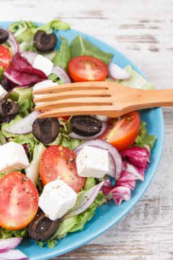 Peynirli ve sebzeli taze Yunan salatası. Sağlıklı yaşam biçimleri, gıda ve beslenme konsepti