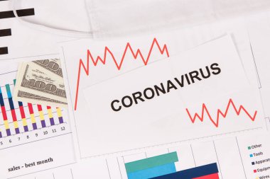 Yazıt Coronavirus, para birimleri dolar ve Covid-19 'un neden olduğu finansal krizi temsil eden grafikler. Dünya çapında küresel durgunluk riski
